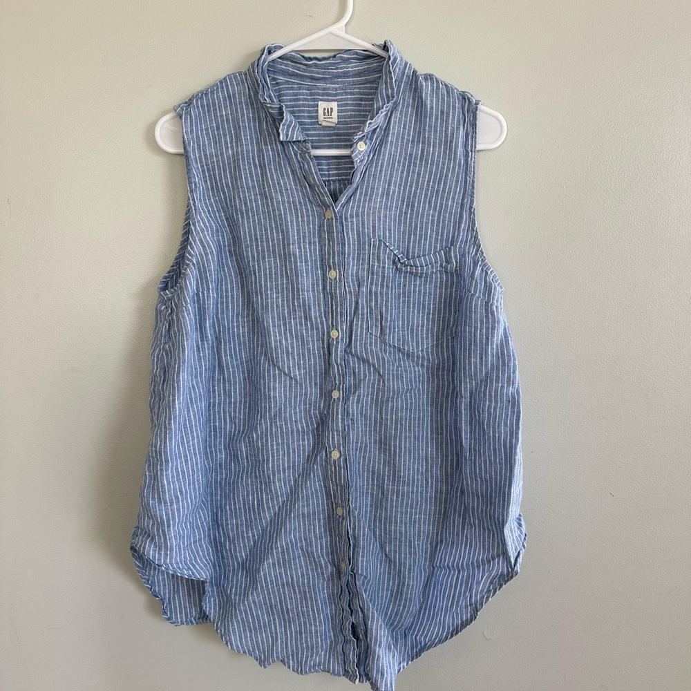 Blue Striped Sleeveless Maternity Button-Up Shirt
